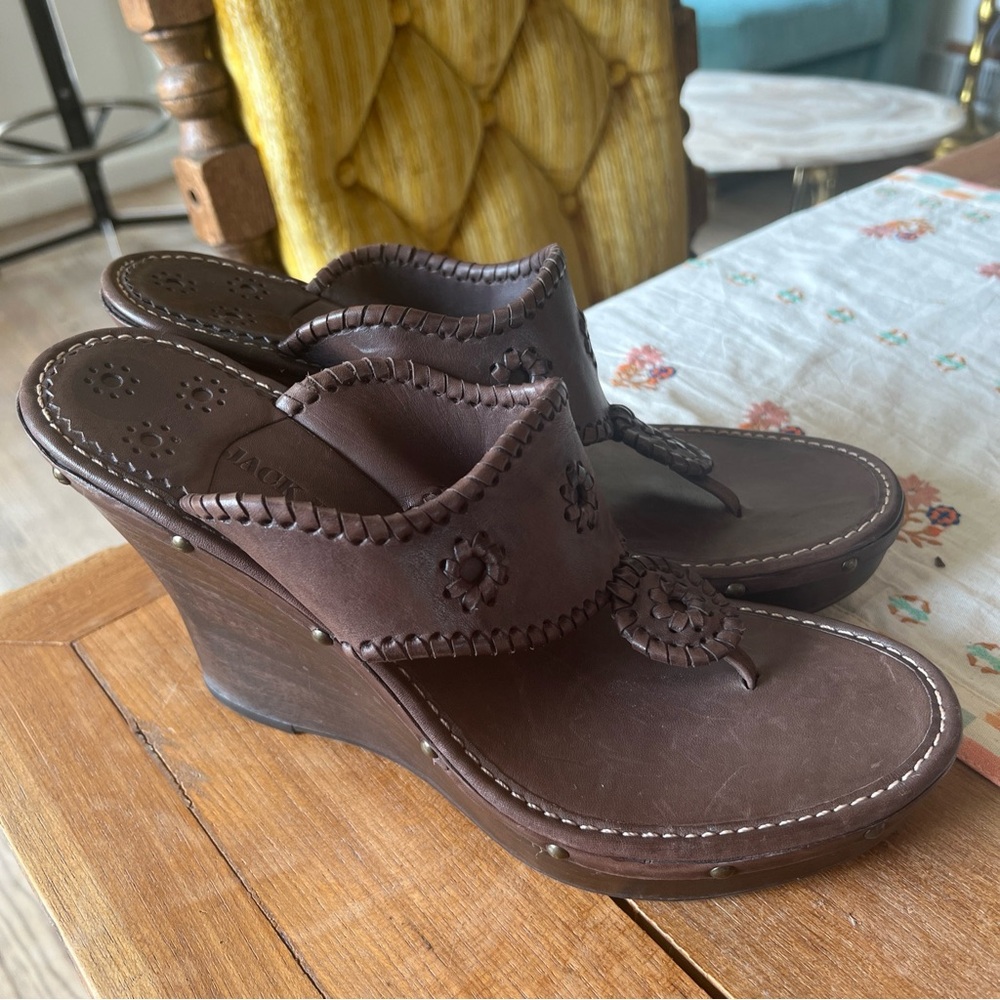 Jack Rogers Marbella Chocolate Brown Leather Wedge Thong Sandals 10 $188 - Picture 2 of 5